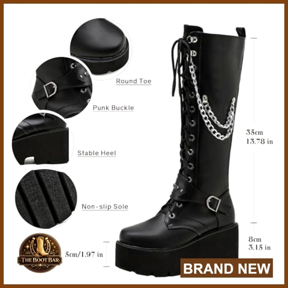 Knee High Platform Combat Boots with Buckle and Chain, Soft Manmade Pu - Picture 5 of 7